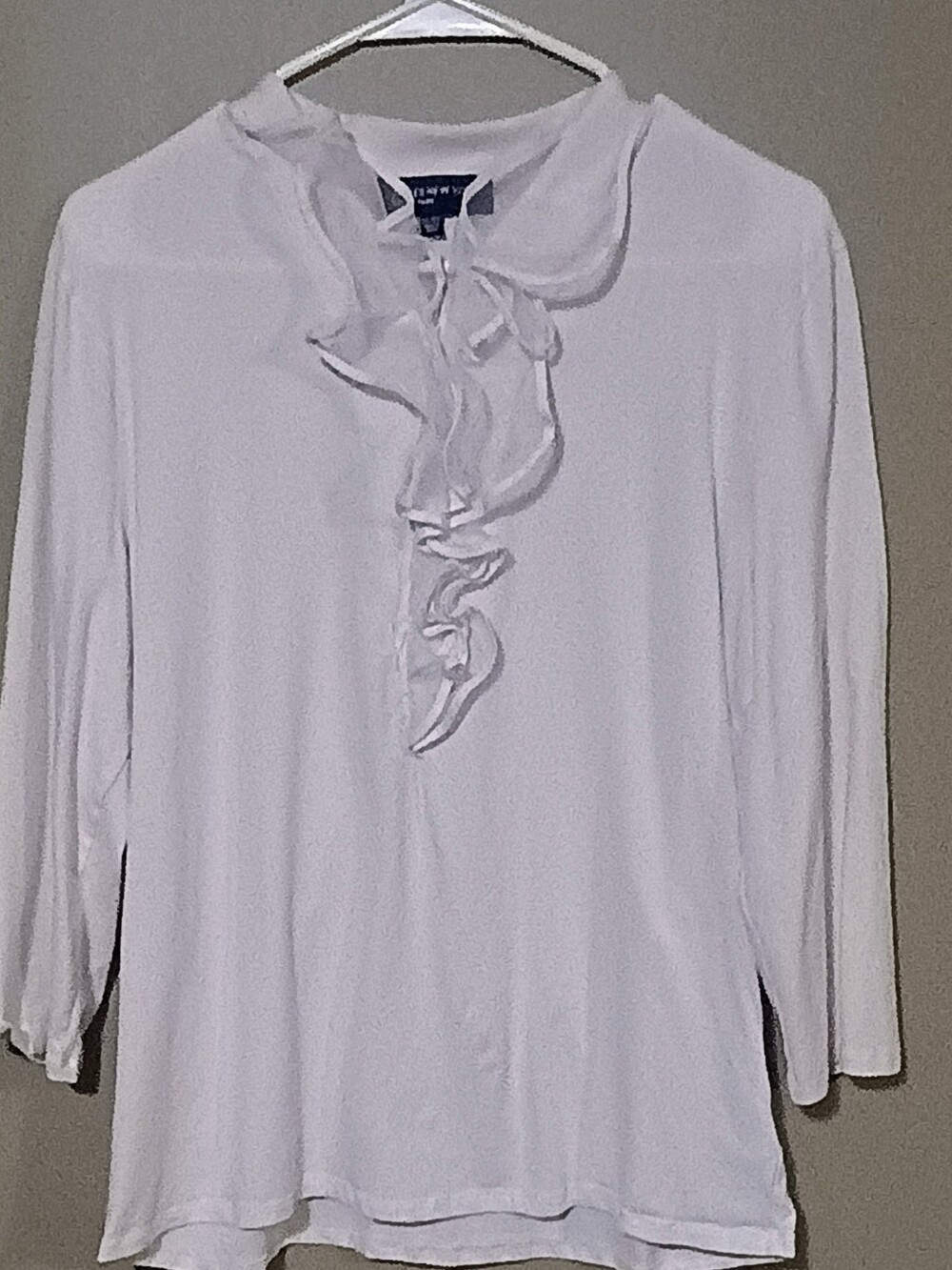Jones New York Signature White Ruffle Neck 3/4 Sleeve Blouse